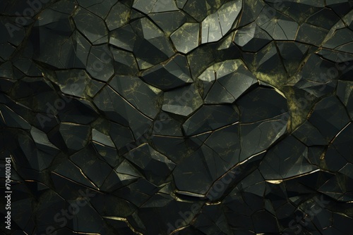  a close up of a wall made up of many different shapes and sizes of black and gold foiled material with a light reflection on the surface of the wall.