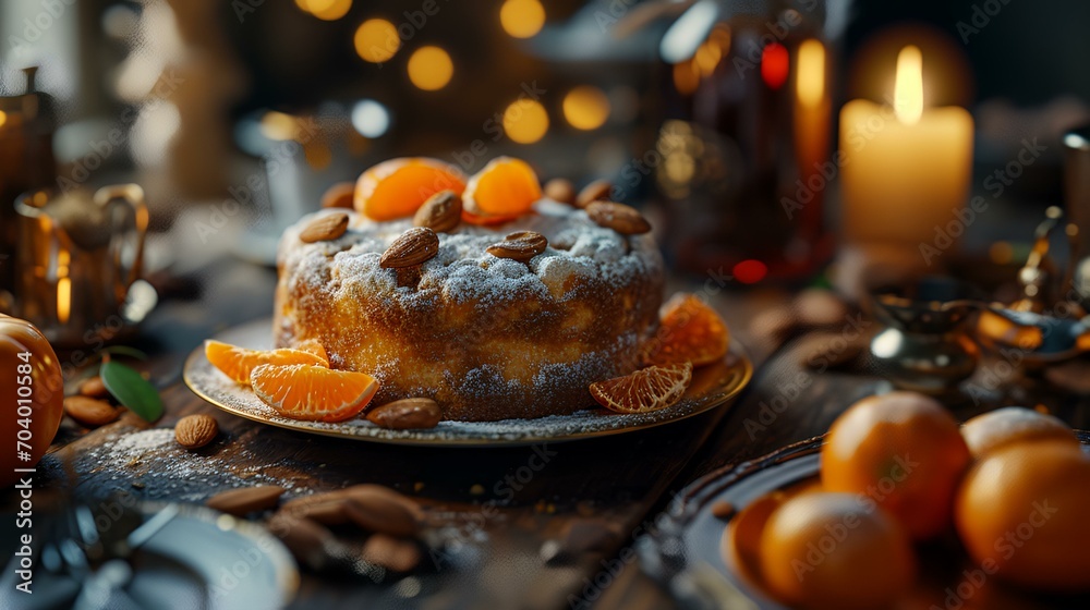 Christmas cake with tangerines and almonds on a wooden background.