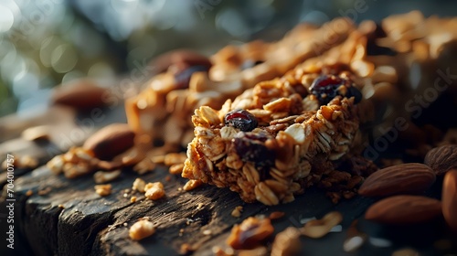 Homemade granola bars with nuts, raisins, and honey on a wooden background photo