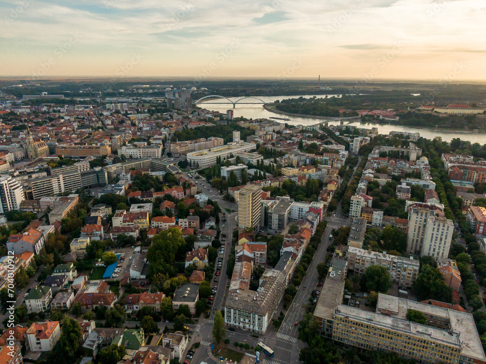 The aerial view of central part of Novi Sad, Serbia in dawn light