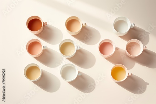  a group of coffee cups sitting next to each other on a white surface with a shadow of the coffee cup on the left side of the coffee cup is in the middle.