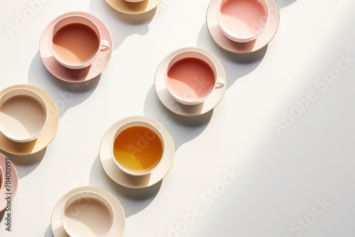  a group of cups filled with different types of tea on top of a white table with a shadow of the cup on the side of the cup and the other side of the cups.