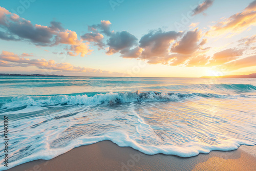 Serene coastal scene, capturing the tranquility of a sun-drenched beach, with gentle waves lapping against the shore and a vibrant sky painted with hues of blue, orange, and pink