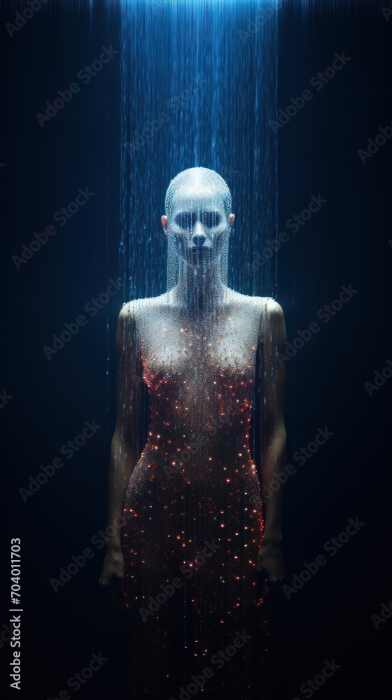 a woman is standing in the rain with her head covered by a plastic mannequin's head and body covered in small red and white circles of red dots. a woman is standing in the rain with her head covered by a plastic mannequin's head and body covered in small red and white circles of red dots.