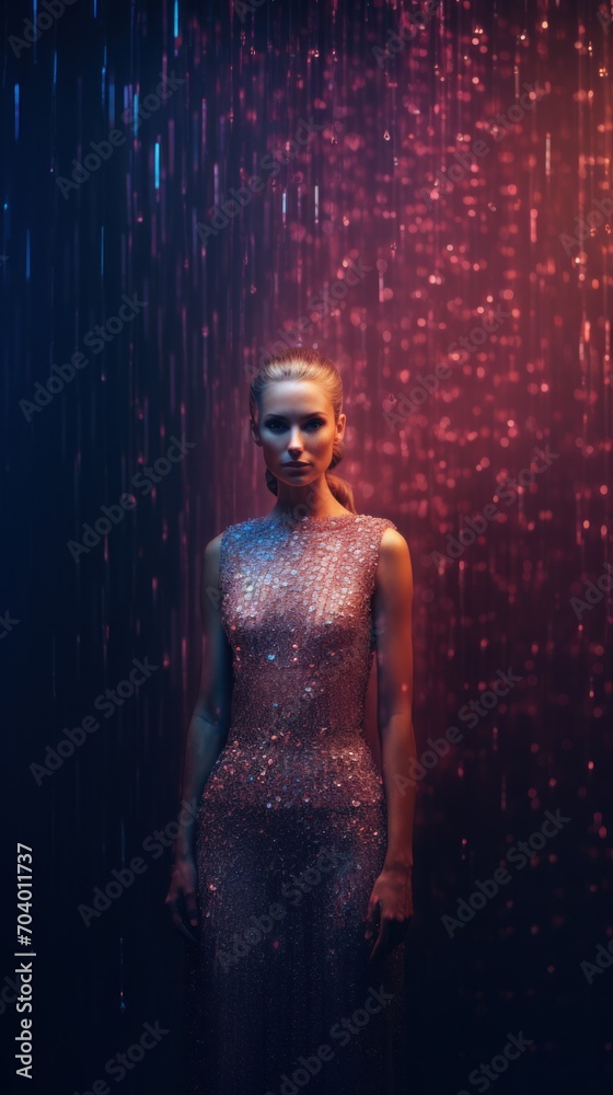  a woman in a silver dress standing in front of a red and blue background with rain falling down on her head and her hair in a bun in a bun.