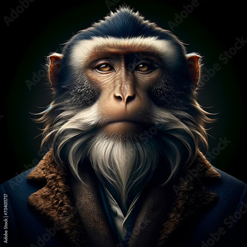 A majestic portrait of a monkey with a bossy attitude, Realistic portrait, dark background, Generative Ai