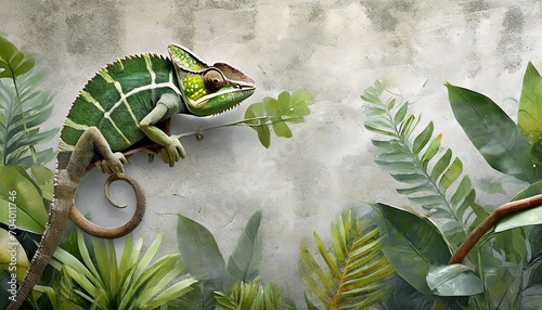 tropical leaves and plants with drawn chameleon on concrete grunge wall great choise for wallpaper photo wallpaper mural card postcard design for modern and loft interiors photo