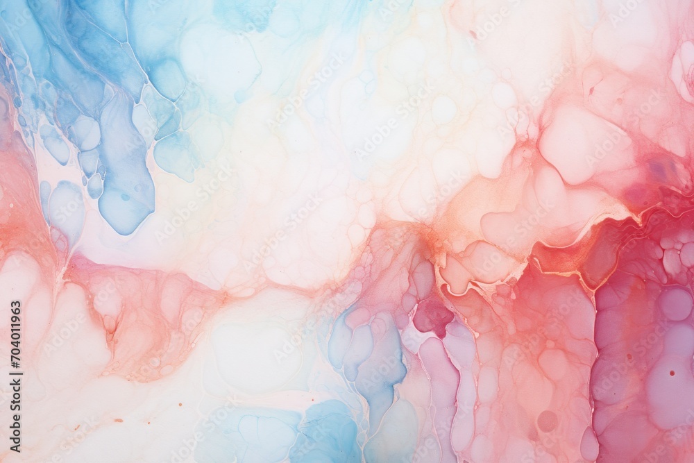  an abstract painting of blue, red, and pink colors on a white and blue background with a red and white stripe at the bottom of the image and bottom right side of the image.