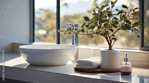 Interior of bright bathroom with light decorations and accessories