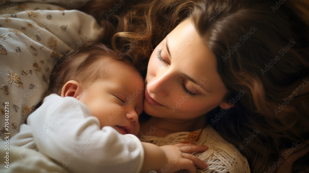Newborn baby sleeping with mother