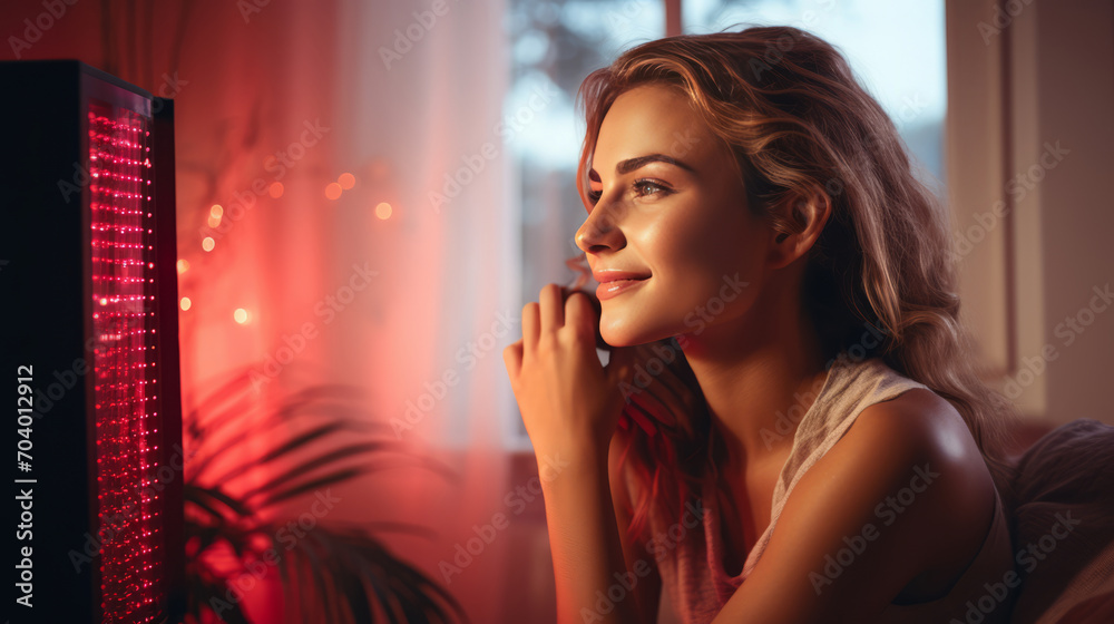Portrait of Young Woman doing Red Light Therapy Session with Panel Portrait of Young Woman doing Red Light Therapy Session with Panel