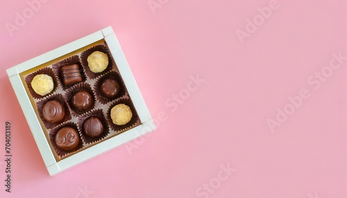open box with delicious chocolate candies on pink background top view space for text