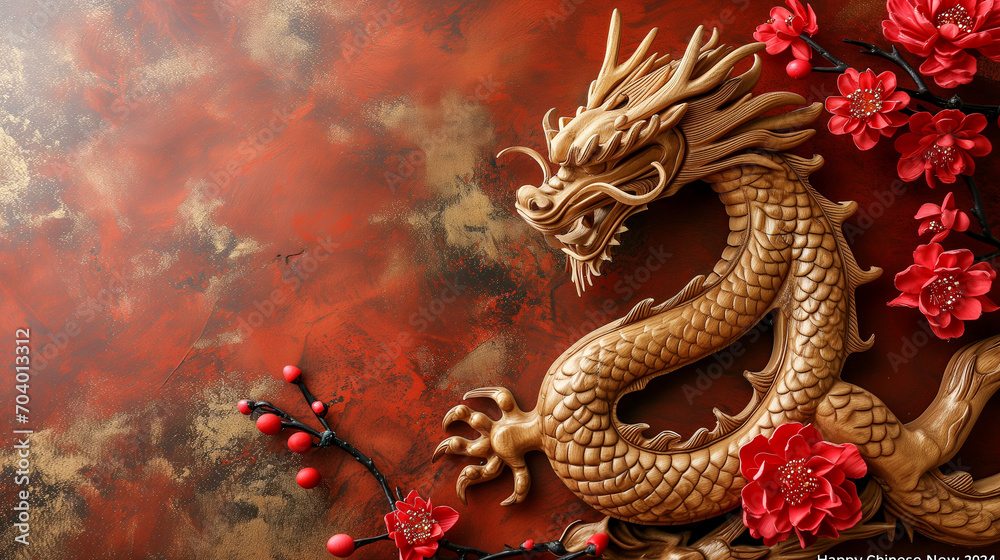 Asiatic red and grey background featuring a wooden dragon surrounded of red flowers to celebrate the chinese New Year.