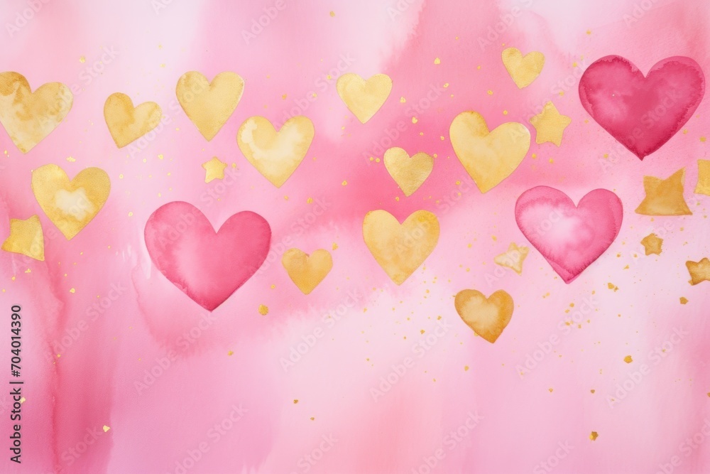  a painting of many hearts on a pink background with gold confetti sprinkles and a pink background with gold confetti sprinkles.