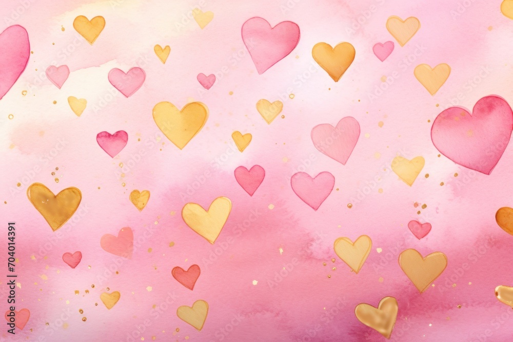  a painting of many hearts on a pink and yellow background with gold confetti on the left side of the image and a gold confetti on the right side of the left side of the image.