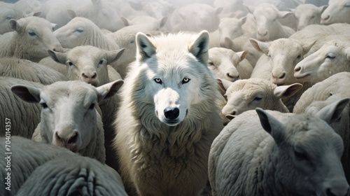 A wolf hiding among a flock of sheep