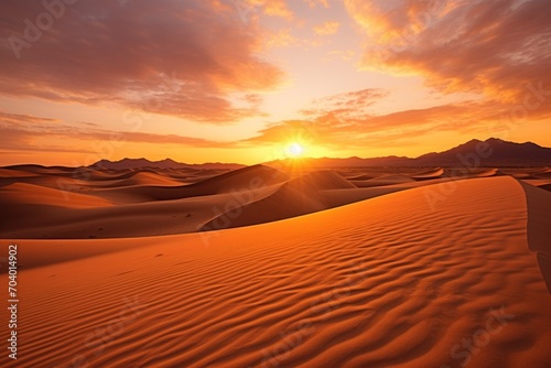  the sun is setting over a desert with sand dunes in the foreground and a mountain range in the distance in the distance  with a few clouds in the sky.