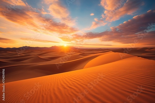  the sun sets over a desert landscape with sand dunes and mountains in the distance in the distance  with a few clouds in the sky  and a few clouds in the foreground.