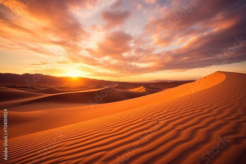  the sun is setting over a desert with sand dunes in the foreground and mountains in the distance in the distance, with a few clouds in the sky above the horizon.