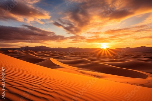  the sun sets over a desert landscape with sand dunes in the foreground and mountains in the distance, with a few clouds in the sky and a few clouds in the foreground.