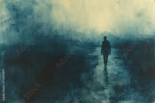 Silhouette of a dark lonely person, blue background, thick ink texture, doom, desolation, darkness, emptiness