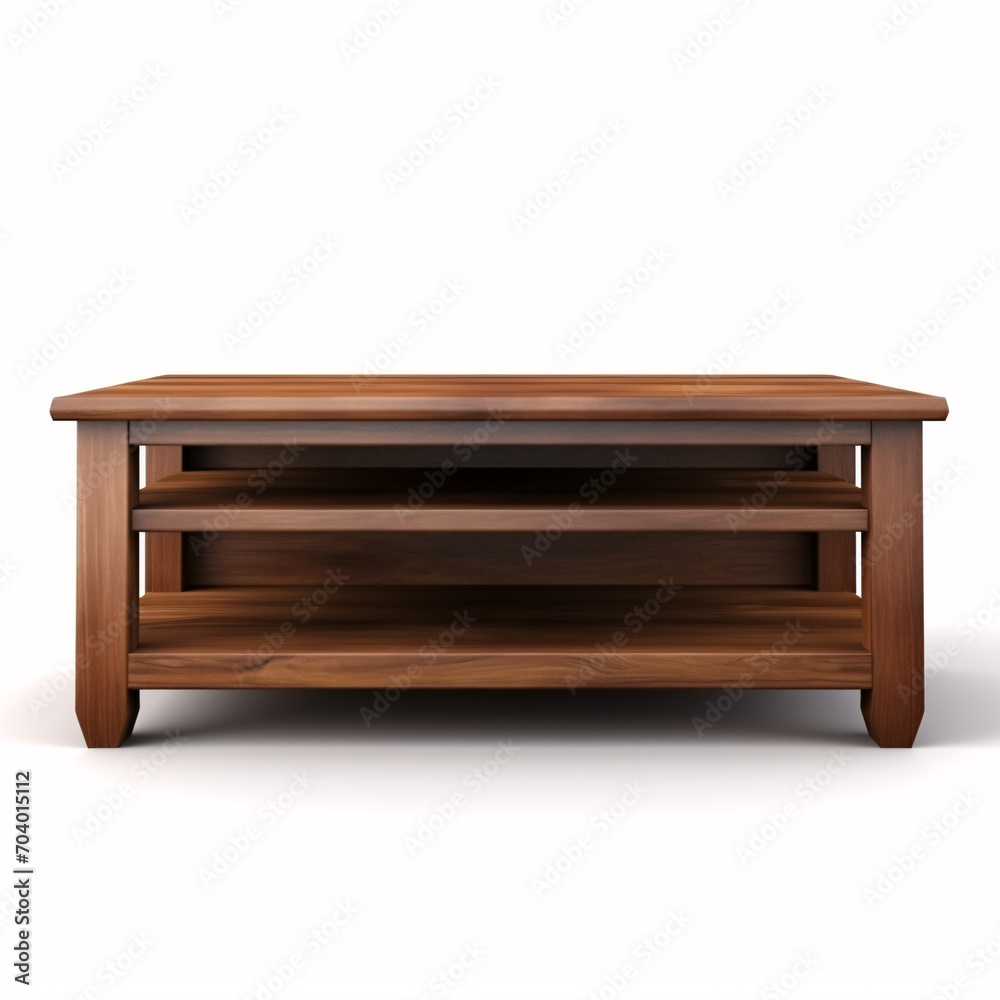 A brown, wooden television stand, prominently displayed in a white setting, viewed from the front. A brown, wooden television stand, prominently displayed in a white setting, viewed from the front.