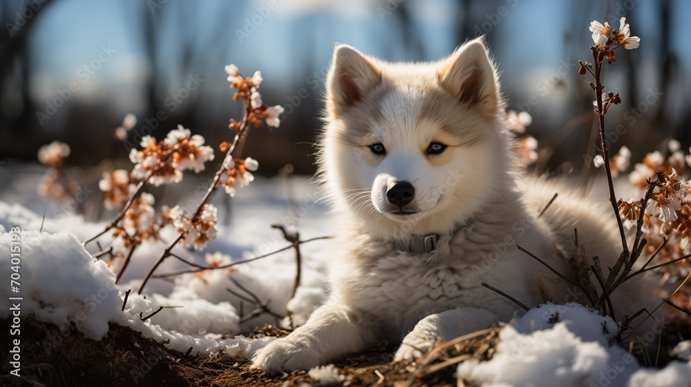 Beautiful Samoyed puppy sitting in the nature, melting snow around and spring flowers, blooming season, sun, spring colors. Close up of white Samoyed puppy in nature in Spring.