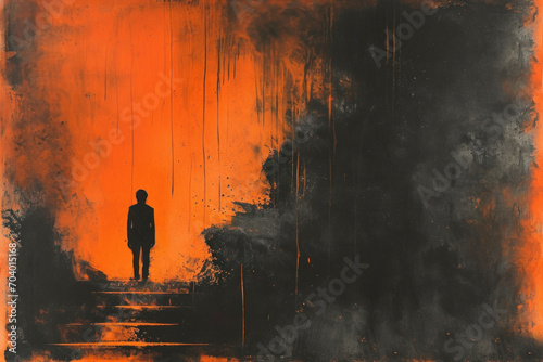 Silhouette of a dark lonely person, orange background, thick ink texture, doom, desolation, darkness, emptiness © Teppi