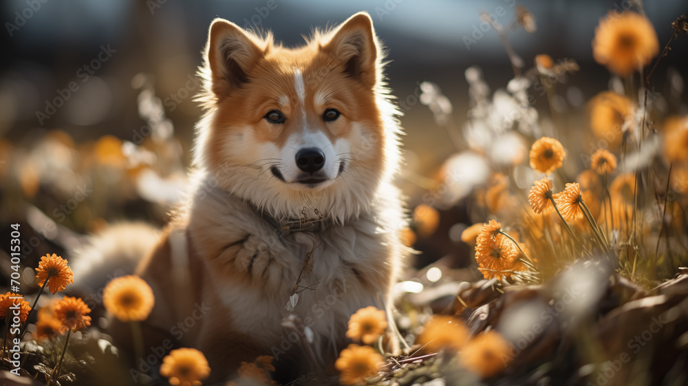 Beautiful dog sitting in the nature, melting snow around and spring flowers, blooming season, sun, spring colors. Close up of dog in nature in Spring. Beautiful dog sitting in the nature, melting snow around and spring flowers, blooming season, sun, spring colors. Close up of dog in nature in Spring.