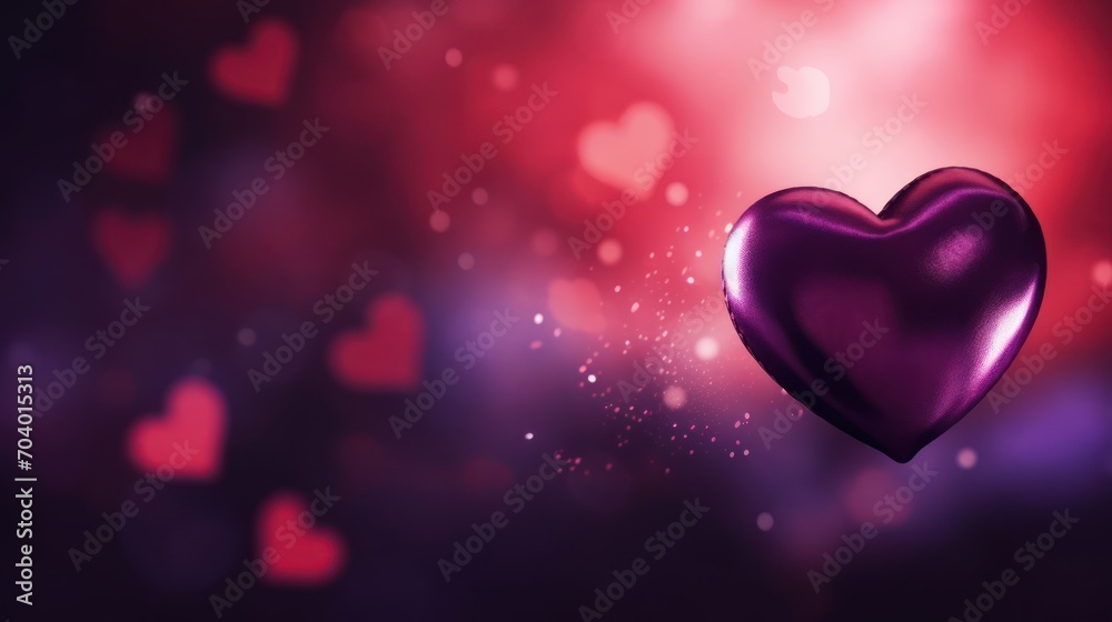  a purple heart floating in the air on a pink and purple background with blurry hearts in the air in the background is a red and purple hued light.