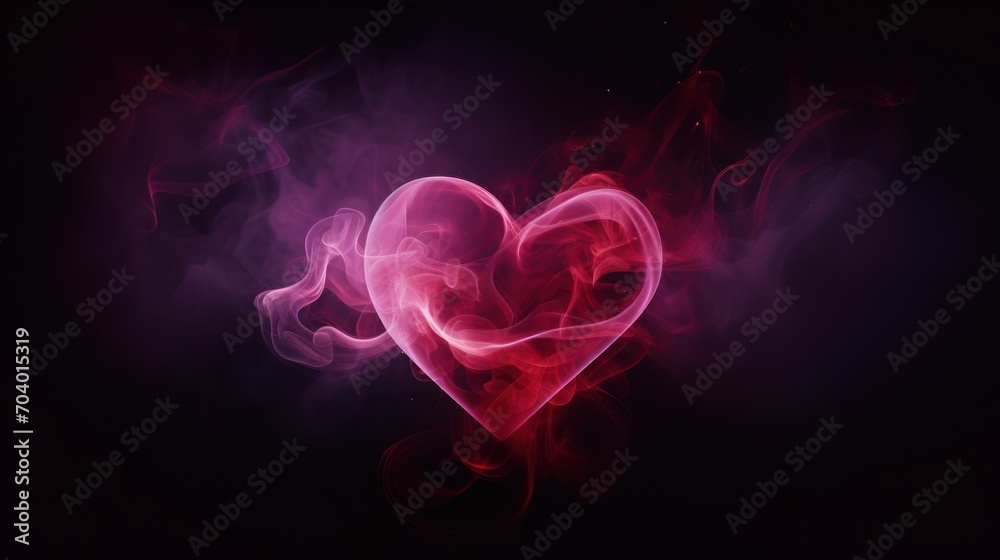  a heart made of smoke is shown in the middle of a black background with red and pink smoke in the shape of a heart on the left side of the image.
