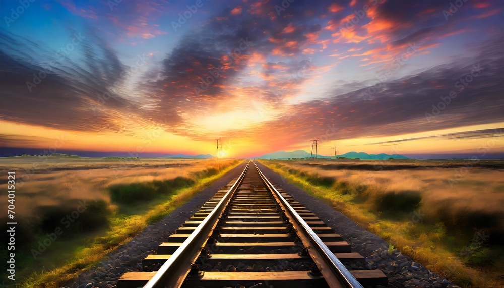 train tracks headed into the distant horizon with colorful light of sunset shining in the background landscape - obrazy, fototapety, plakaty 