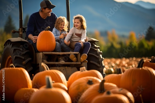 Family of three enjoying a pumpkin farm in the fall