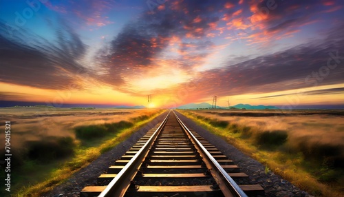 train tracks headed into the distant horizon with colorful light of sunset shining in the background landscape