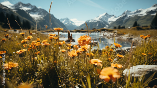Wallpaper of Spring. New born flowers in the nature, melting snow around the river in the mountains, blooming season, sun, spring colors.