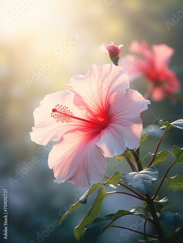  a close up of a pink flower with a green leafy plant in the foreground and the sun shining through the leaves on the other side of the flower.