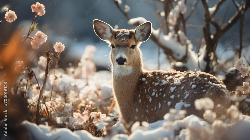 Wild deer in the field, melting snow around and spring flowers, blooming season, sun, spring colors. Close up of wild deer in nature in Spring. Wild deer in the field, melting snow around and spring flowers, blooming season, sun, spring colors. Close up of wild deer in nature in Spring.