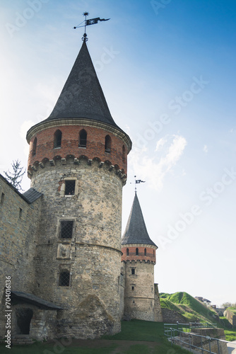 Fortifications and towers near the Kamianets-Podilskyi Castle. Part of the powerful bastions of the castle. The fortress located among the picturesque nature in the historic city of Kamianets-Podilsky