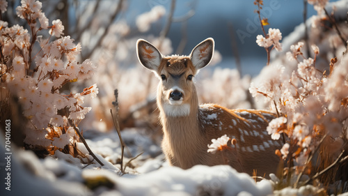 Wild deer in the field, melting snow around and spring flowers, blooming season, sun, spring colors. Close up of wild deer in nature in Spring. © Loucine