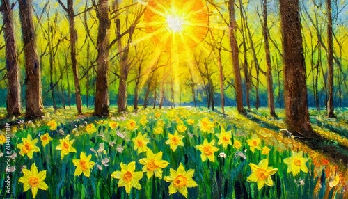 original oil painting spring forest landscape with daffodils and sun impasto printable square artwork