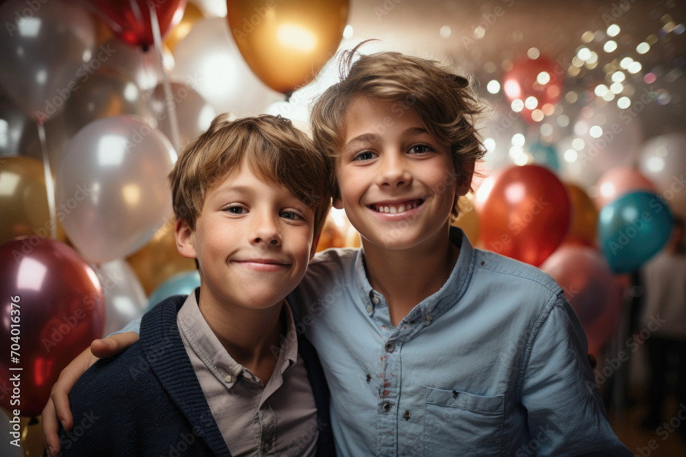 Happy teenage friends arm in arm smiling at the camera at a birthday party with a background full of colorful globes. Ai generated Happy teenage friends arm in arm smiling at the camera at a birthday party with a background full of colorful globes. Ai generated