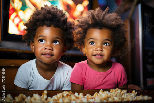 Two smiling little Afro children carefully watch their parents' instructions before eating a popcorn bowl. 