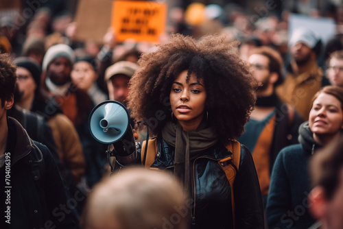 Generative AI illustration of Passionate African American activist demands gender rights in a vibrant street protest