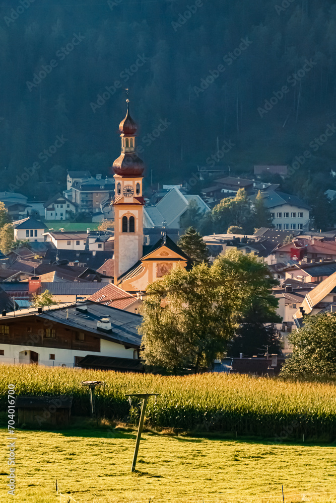 A church on a sunny summer day at Fulpmes, Stubaital valley, Innsbruck, Tyrol, Austria