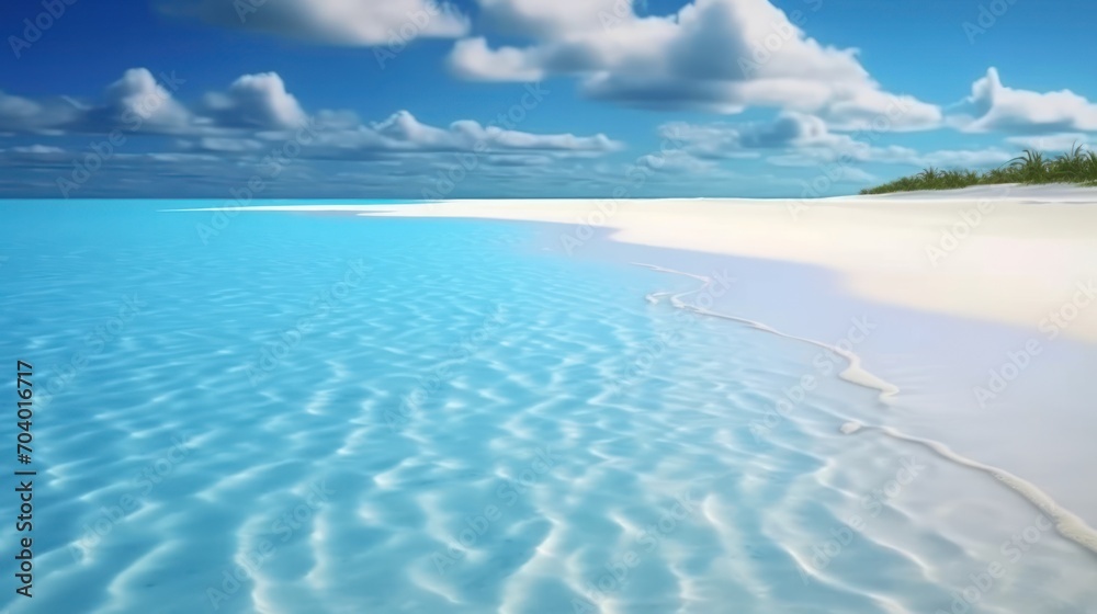  a picture of a beach that looks like it is in the middle of the ocean, with a blue sky and white sand on the bottom and bottom of the water.