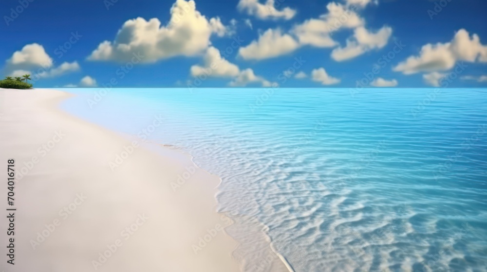  a painting of a beach with a lone tree in the middle of the water and a blue sky with white clouds and a few green trees in the middle of the water.