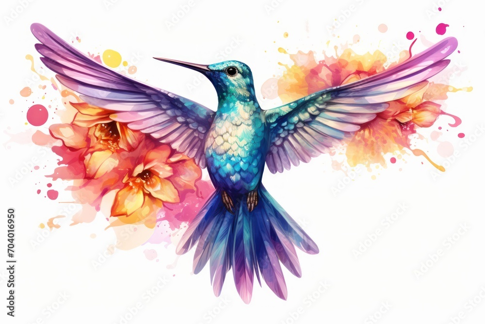  a watercolor painting of a hummingbird in flight with a flower in the foreground and a splash of paint on the back of the bird's wings.