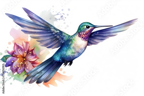  a watercolor painting of a hummingbird in flight with a flower in the foreground and a splash of watercolor paint on the upper half of the image.