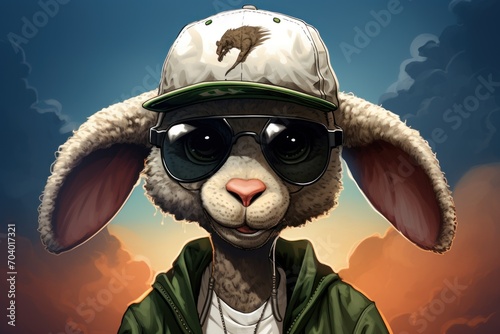  a cartoon picture of a rabbit wearing sunglasses and a baseball cap with a feather on it's head and wearing a baseball cap with a bird on it's face. photo