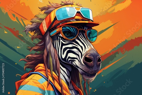  a painting of a zebra wearing a hat, sunglasses, and an orange jacket with a zebra's head wearing a hat and goggles on it's head.